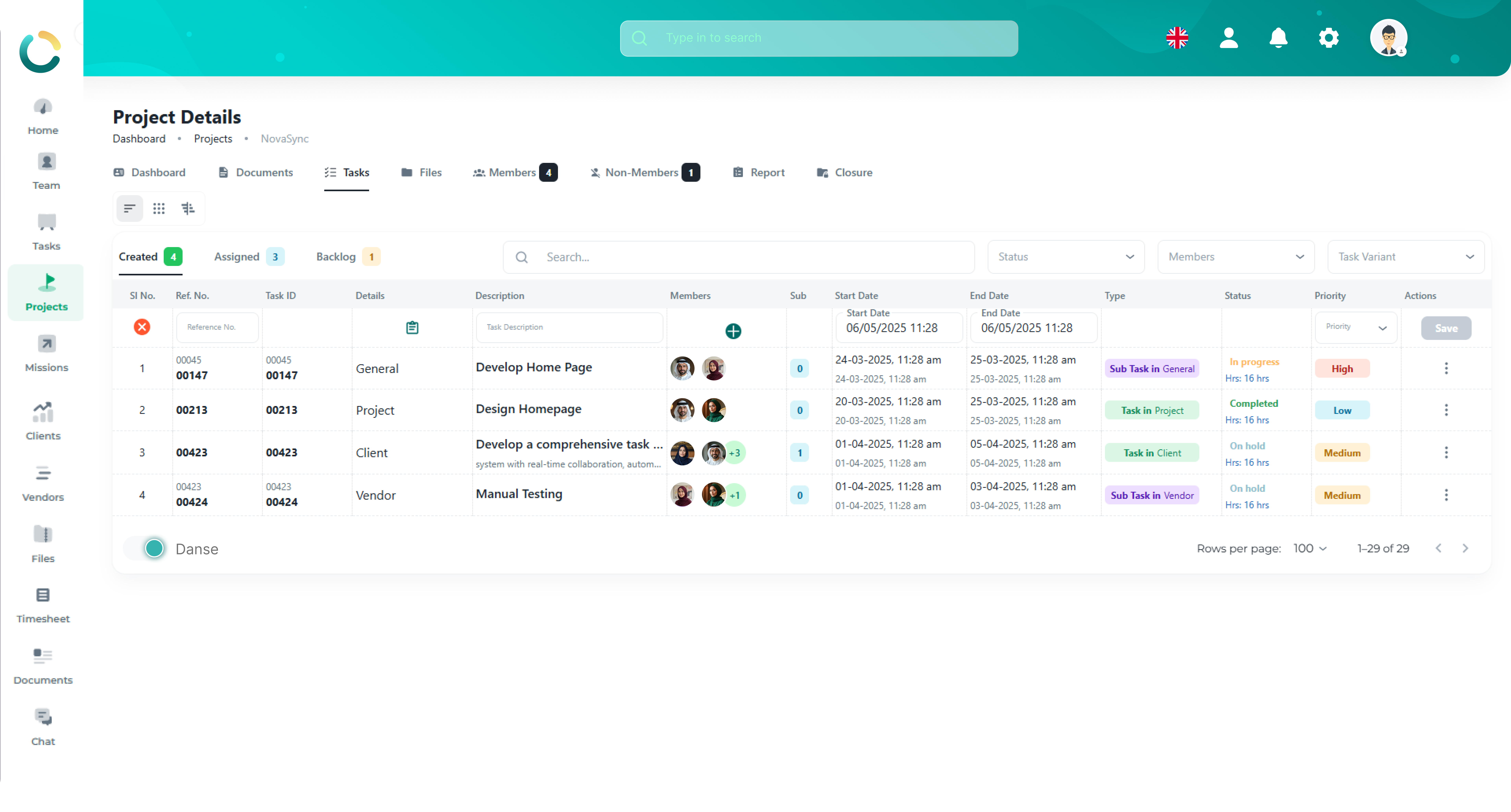 NOVOTAK Project Task Management
